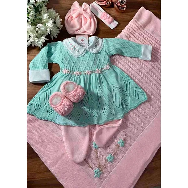 Saída Gigi com Bordado à mão - Verde Água com Rosa promoção